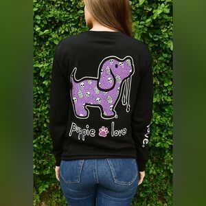 Puppielove Black Long Sleeve T-Shirt with Purple Dog & Skull Graphic L NWT